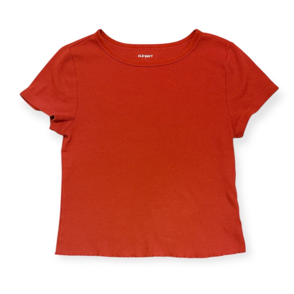 Old Navy Rib Knit Short Sleeve T-Shirt Ruffled Hem Women’s L Rust Orange